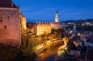 The castle complex at blue hour in Český Krumlov, Czech Republic